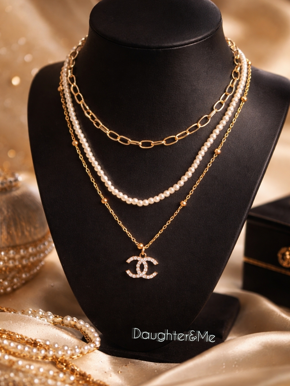Gold Pearl Layered Necklace Set